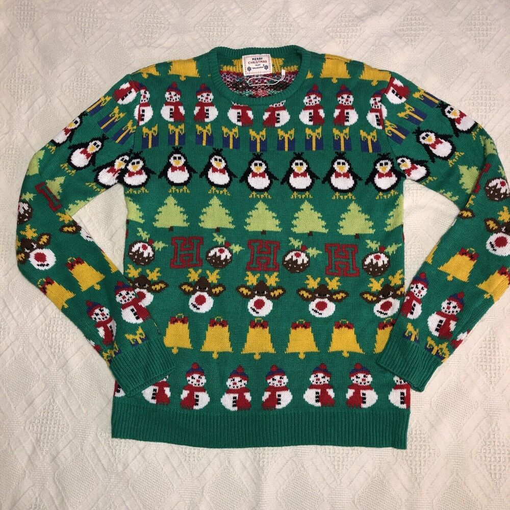 Merry Christmas Crew Neck Long Sleeve Mens Ugly Sweater Size M Green Snowmen